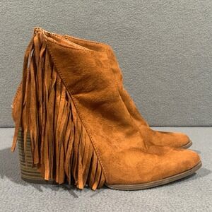 Fringe Ankle Boots for Women Size 8‎ Brown Faux Suede Zip Back Heel Booties